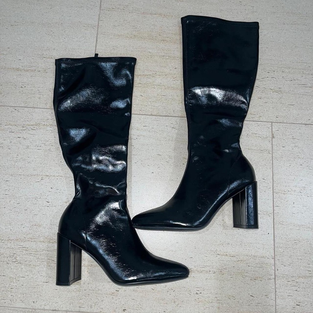 Windsor Black Knee High Boots Pointed Toe Block Heel Faux Leather Simi 1 Size 8